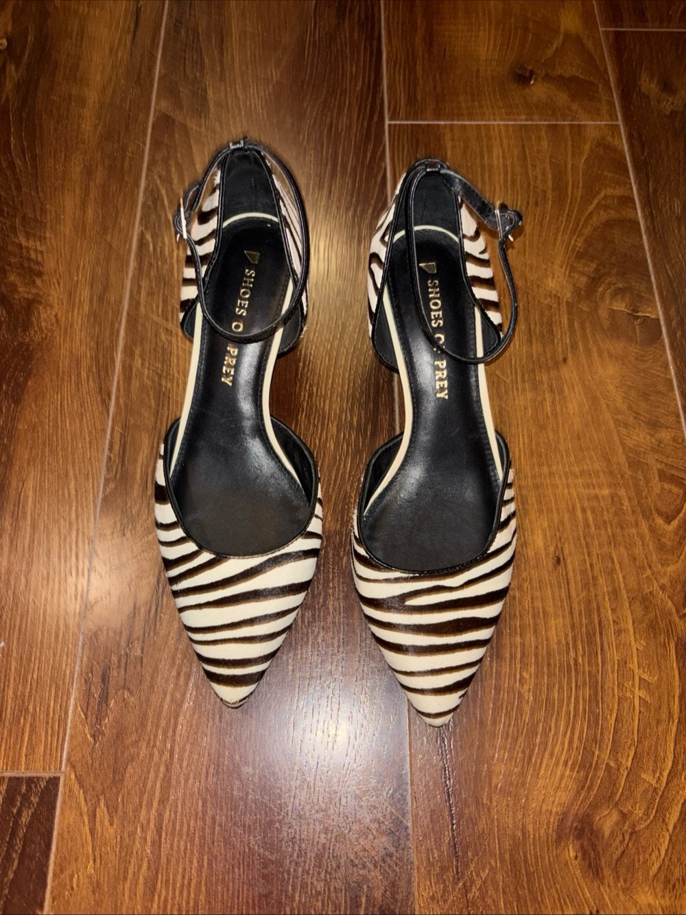 Shoes of Prey Black and White Zebra-Print Pointed-Toe Ankle-Strap Heels